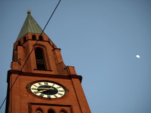 Johannis Church with the moon in the background Haidhausen, Munich, Germany
